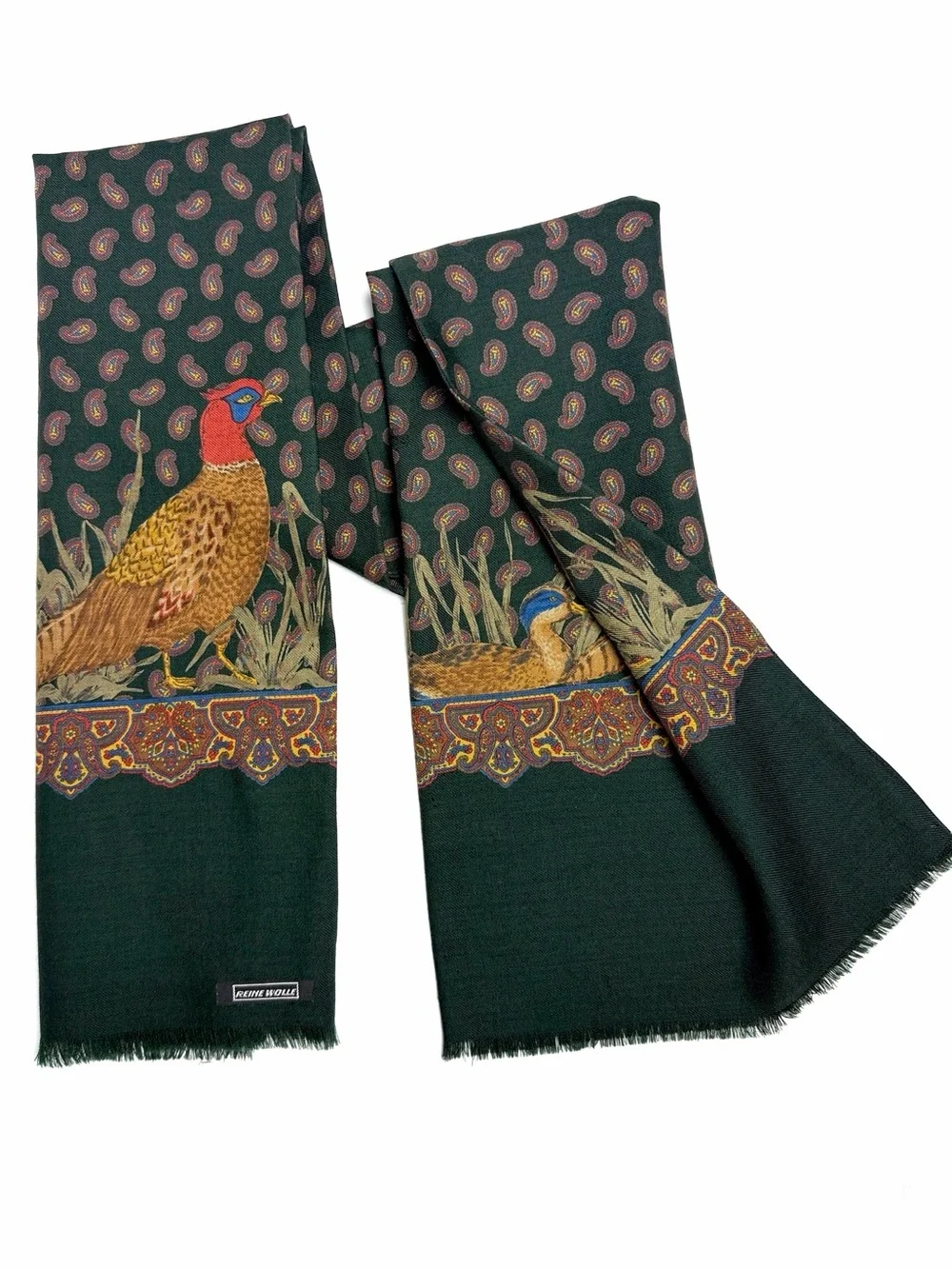 Men's Double Layer Scarf Green Pheasant Duck Paisley Wool  11x53